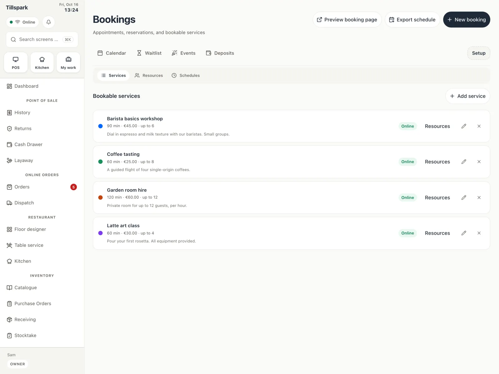 Bookable services with duration and price