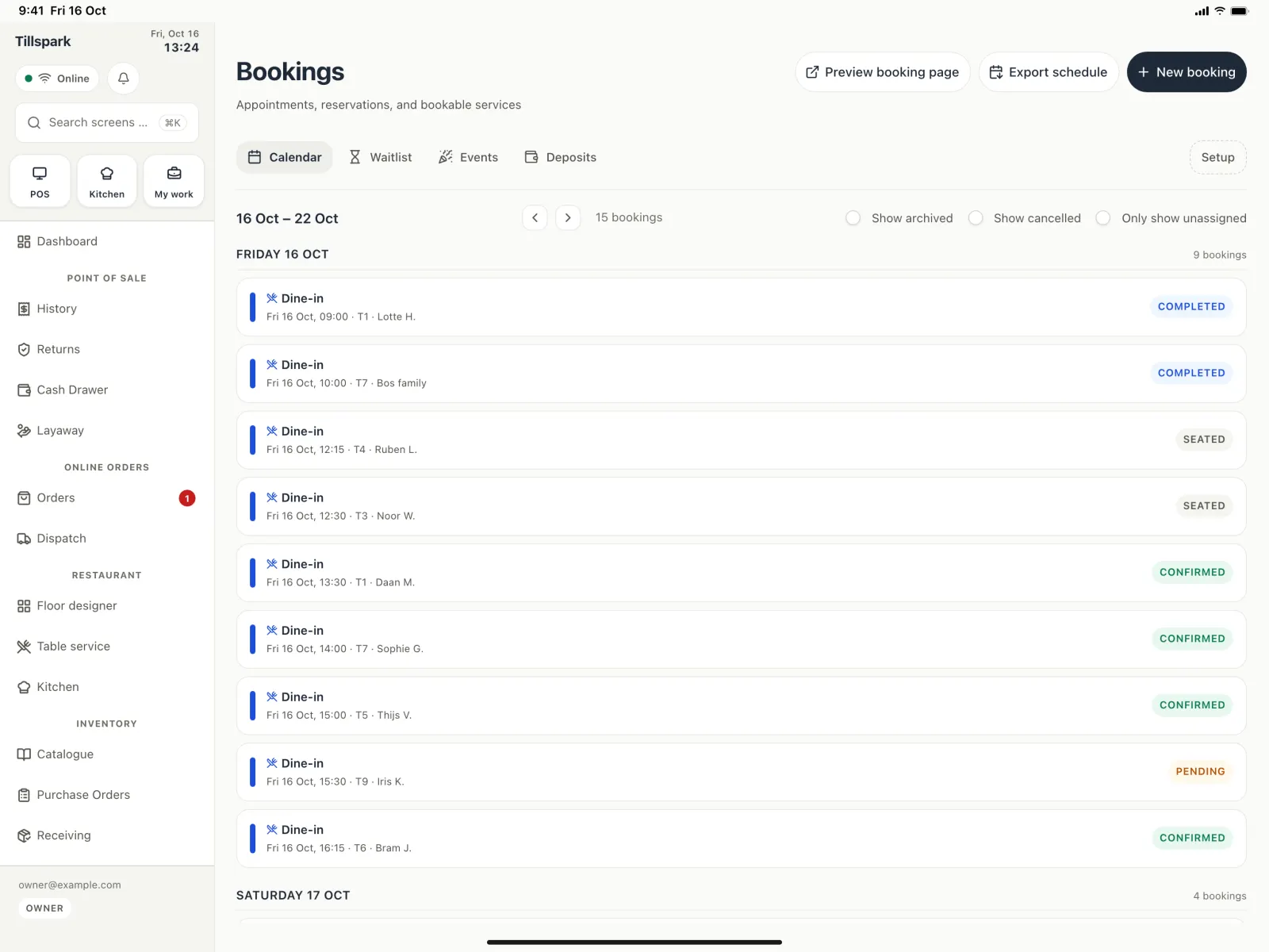 The bookings calendar
