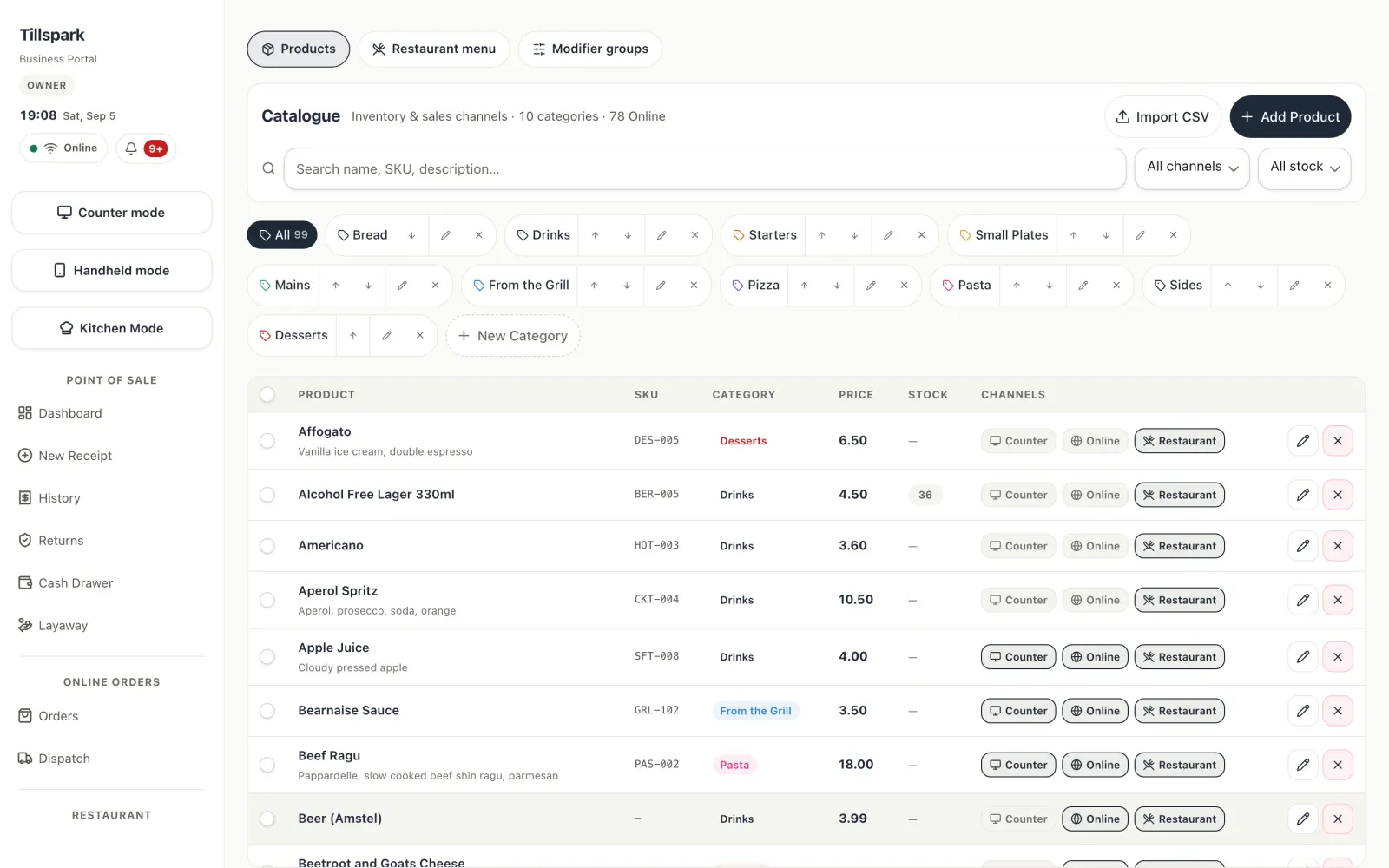 The catalog with products, categories and prices