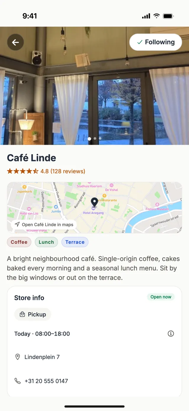 A café’s page in the Tillspark app