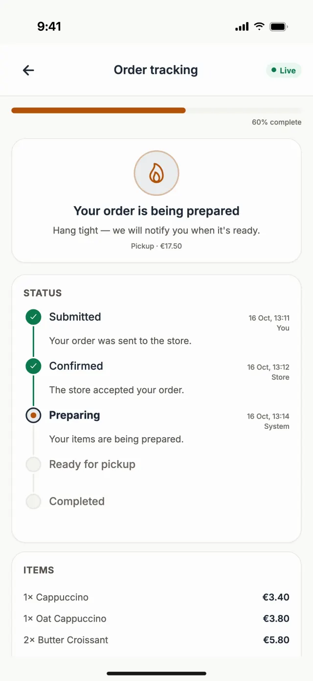 An order being tracked in the Tillspark app