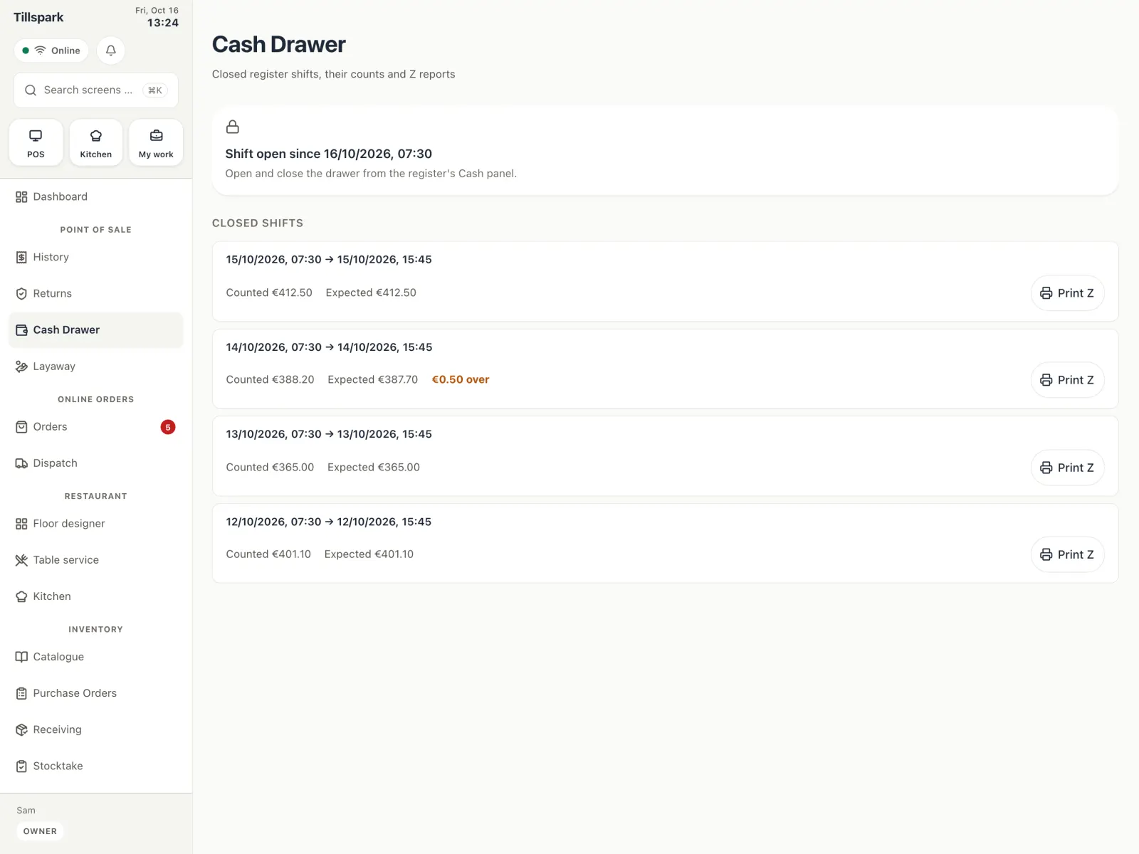 Cash drawer shifts with counted and expected cash