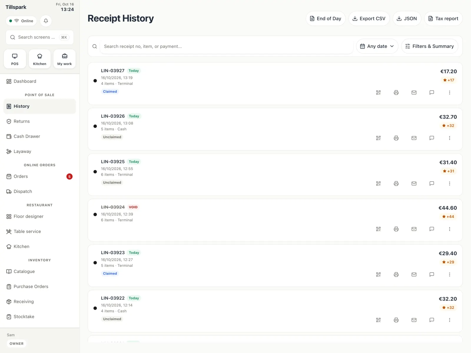 Receipt history with today’s sales